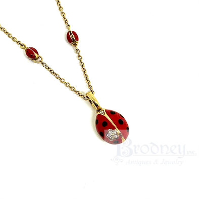 Aaron Basha 18 kt Gold Diamond and Enamel Ladybug Pendant and Chain