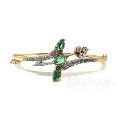 Vintage 14 Kt Gold Emerald and Diamond Bangle Bracelet