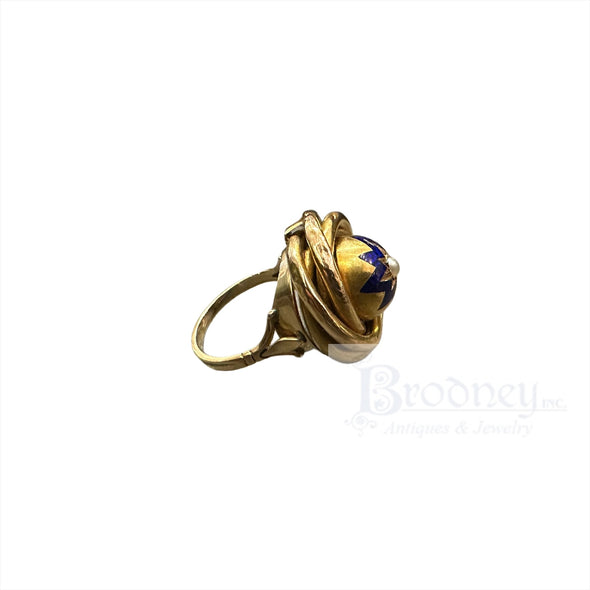 Victorian 14 Kt / 10 Kt Gold Blue Enamel and Pearl Locket Ring