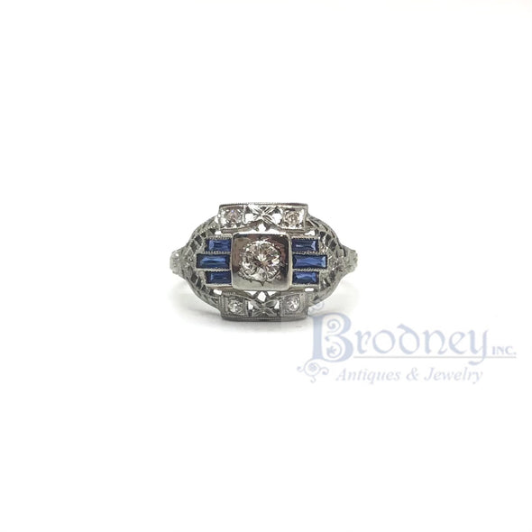Art Deco Style 18 Kt Gold Diamond and Sapphire Engagement Ring