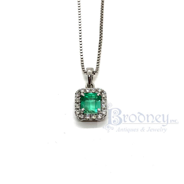 14 Kt Gold Emerald and Diamond Halo Pendant