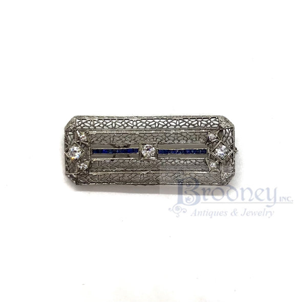 Art Deco Platinum 14 Kt Gold Diamond and Sapphire Filigree Pin