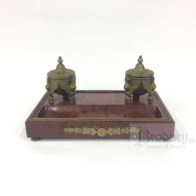 Rouge Marble and Bronze Inkwell