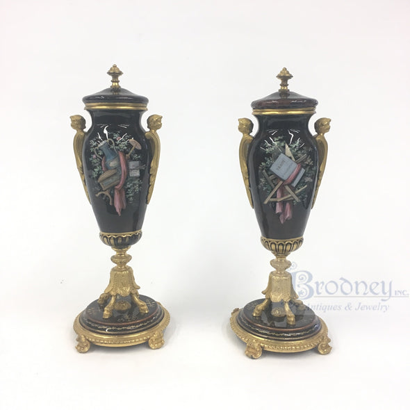 A Pair of French Enamel on Copper Urns
