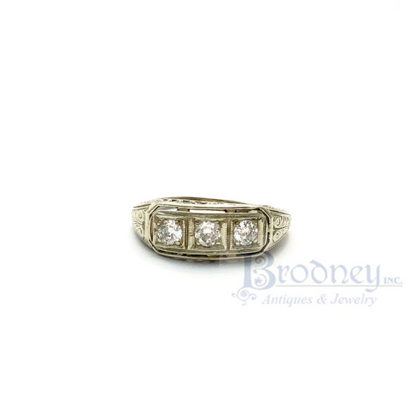 Art Deco 18kt White Gold 3 European Cut Diamond Filigree Engagement Ring